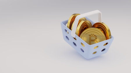 Cryptocurrency coins in shopping basket. Cryptocurrency payment concept. 3D illustrationの写真素材