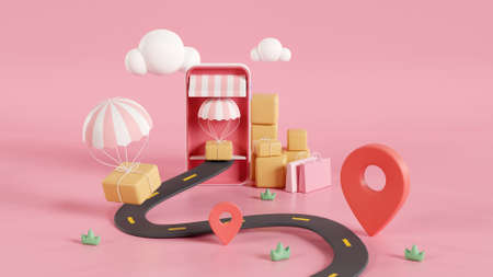 Shopping online and delivery parcel to GPS locate. 3D rendering