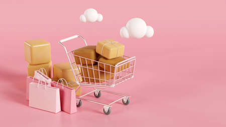 Shopping cart, Delivery boxes on pink background. Delivery concept. 3D renderingの写真素材