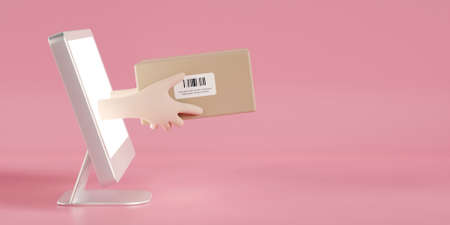 Giving a delivery package or a gift from the screen of the computer online. 3D renderingの写真素材