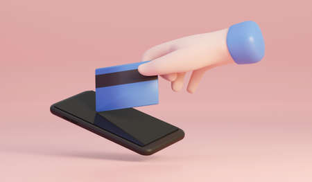 Hand holding credit card touch smartphone screen isolated on background. 3D Renderingの写真素材