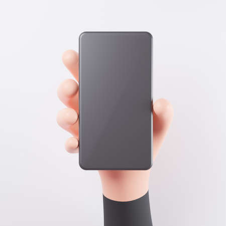 Hand hold vertical smartphone. Hand show cell phone vertical concept with copy space. 3d rendering