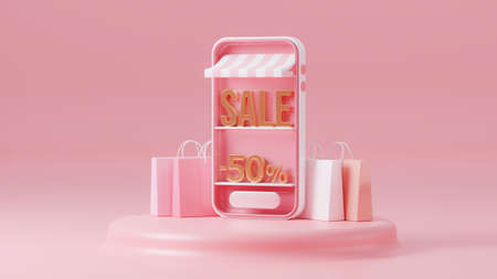 Online shopping store on website and mobile phone design. 3D Rendering