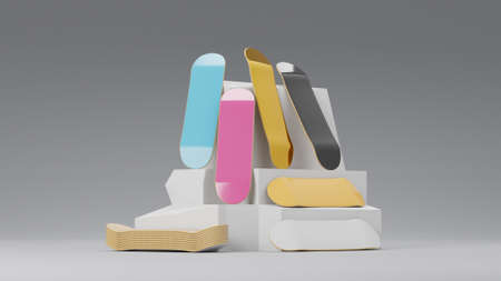 Skateboard Deck Stack Display. Skateboard shop display concept. 3D Rendering