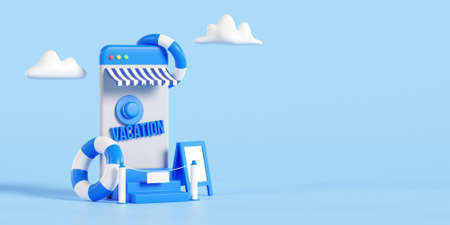 Social media shop in process of closing vacation, Vacation mode concept. 3D renderingの写真素材