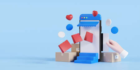 Shopping from online stores on social media, Shopping online concept, 3D renderingの写真素材