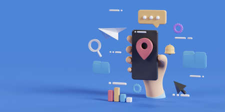 Hand holding smartphone and element icon, GPS location concept. 3D renderingの写真素材