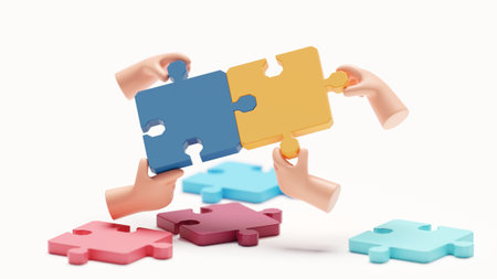 Jigsaw puzzle idea 3d rendering. Hand hold puzzle of business connect concept. Team work success.の写真素材