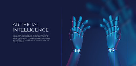 Artificial intelligence concept. Robot hand 3d render, Tech, connection between life and machine.の写真素材
