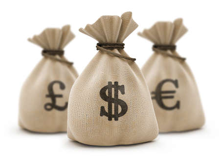 sacks with money different currencies isolated の写真素材