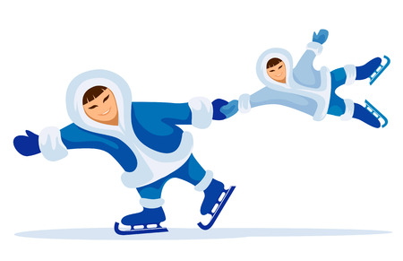 Smiling eskimo man with child skating on ice rink vector illustrationのイラスト素材