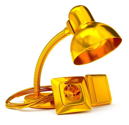 gold electric equipment table lamp switch outlet and cable isolated 3d model illustration over white backgroundの写真素材