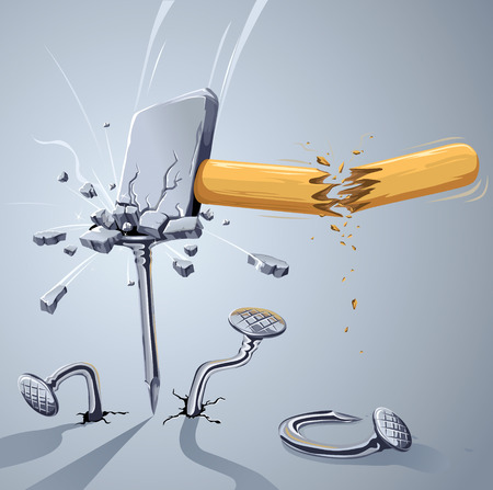 Hammer broken striking a nail. Strong hammer and weak nail. How do you think who win? :)のイラスト素材