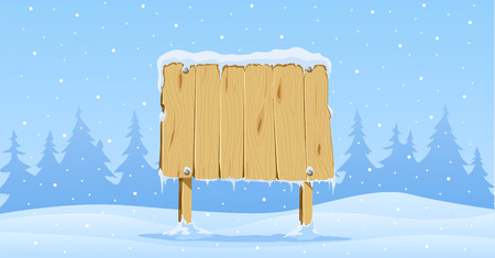 wooden blank board in snow on winter background with fir-treesのイラスト素材