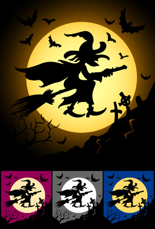 witch flaying on broom at halloween night - vector illustrationのイラスト素材