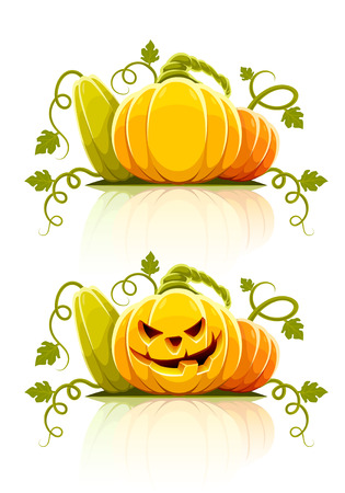 halloween pumpkin vegetables with green leaves - vector illustrationのイラスト素材