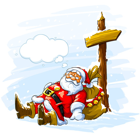 Santa claus sleeping near the post with arrow sign and big sack of Christmas giftsのイラスト素材