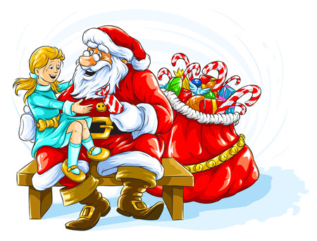 Happy smiling girl with Santa Claus and Christmas giftsのイラスト素材
