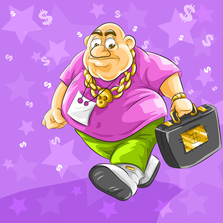 rich fat businessman with full suitcase of dollars money - vector illustrationのイラスト素材