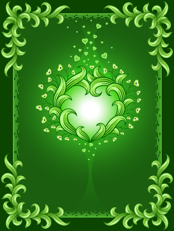 green background with floral frame and heart %uFFFDillustrationのイラスト素材