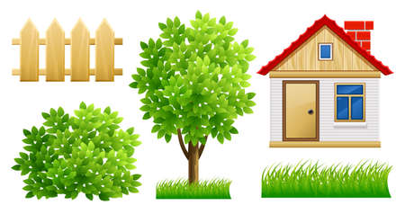 elements of green garden with house and fence - vector illustration, isolated on white backgroundのイラスト素材