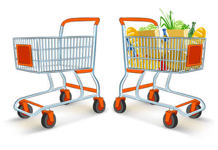 full and empty shopping carts from supermarket store - vector illustration, isolated on white backgroundのイラスト素材