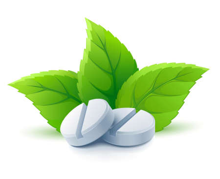 natural medical pills with green leaves vector illustration, isolated on white backgroundのイラスト素材