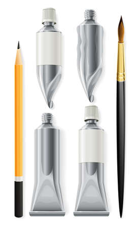 artist tools pencil brush and tubes with paint illustration, isolated on white backgroundのイラスト素材