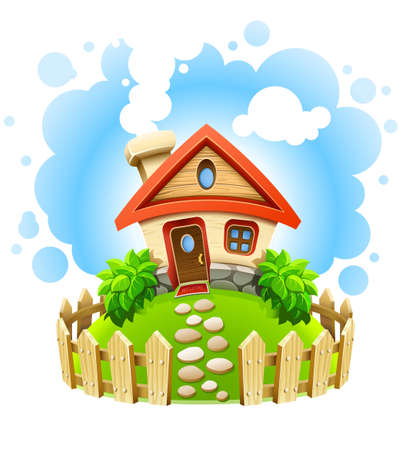 fairy-tale house in yard with wooden fence vector illustration isolated on white backgroundのイラスト素材
