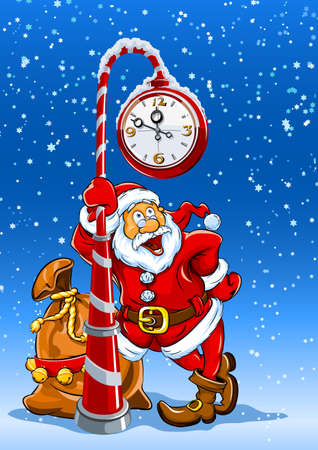 santa claus with sack of gifts stands under the clock illustrationのイラスト素材