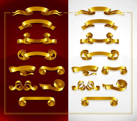 set of decorative gold banners on red and white background   illustrationのイラスト素材