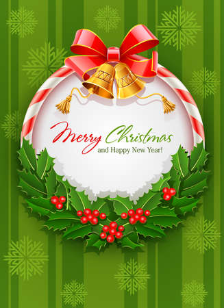 christmas wreath with bow and gold bell vector illustration on green background with snowflakesのイラスト素材
