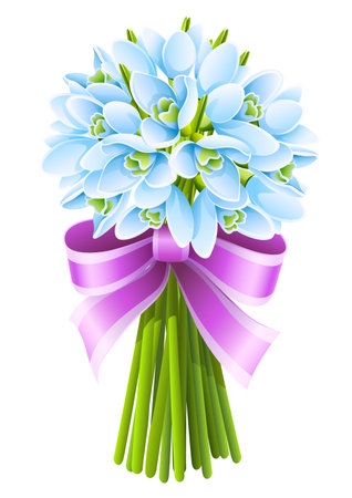 spring snowdrop flowers bouquet with pink ribbonのイラスト素材