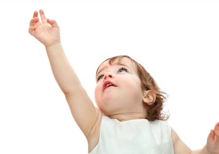 little girl pulling hand up isolated on white backgroundの写真素材