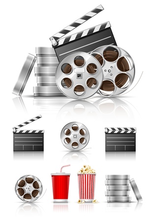 set of objects for cinematography clapper and film tape vector illustration isolated on white backgroundのイラスト素材
