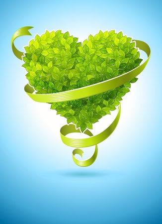 ecology concept with heart of green leaves and ribbonのイラスト素材