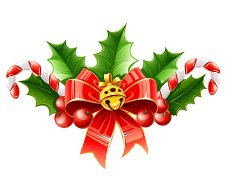 christmas decoration of red bow with gold bell and holly leaves illustration isolated on white backgroundのイラスト素材