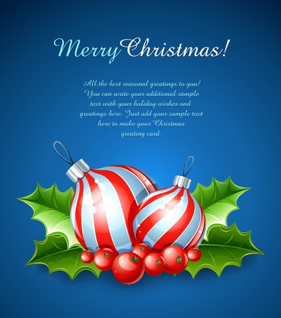 christmas decoration of ball and holly leaves illustration on blue backgroundのイラスト素材