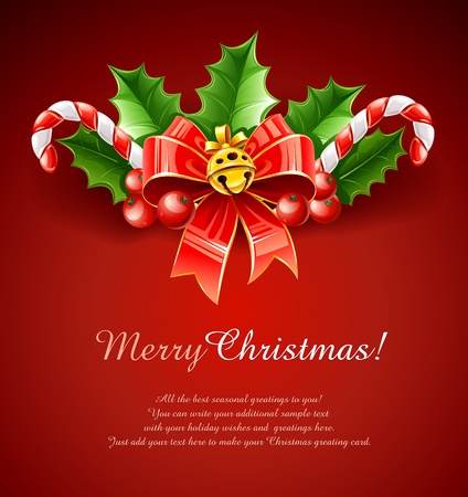 christmas decoration of red bow with gold bell and holly leaves illustration on red backgroundのイラスト素材