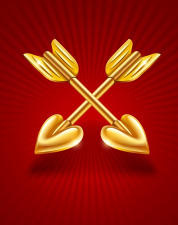 two crossed gold arrows of cupid with heartsのイラスト素材
