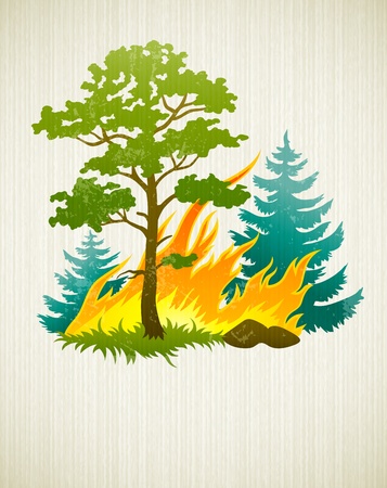 wildfire disaster with burning forest tree and fir trees. Transparent objects used for shadows and lights drawingのイラスト素材