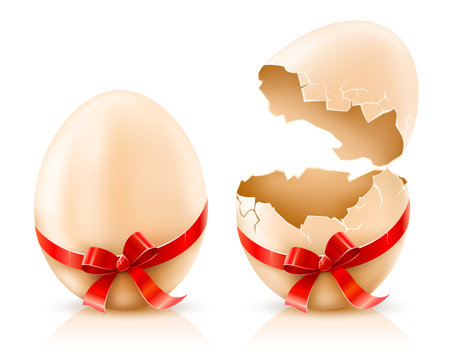 whole and broken shells of easter eggs with red bow illustration isolated on white background gradient mesh usedのイラスト素材