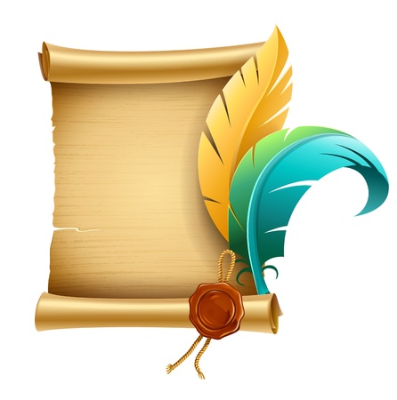 old script script with stamp and feathers for writing vector illustration isolated on white background EPS10. Transparent objects used for shadows and lights drawing.のイラスト素材