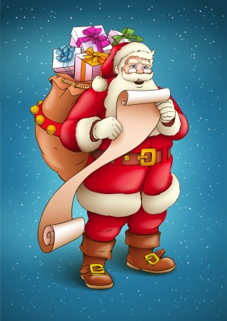Santa Claus with sack full of gifts reading list of good kids. Vector illustration isolated on blue snow background EPS10. Transparent objects used for shadows and lights drawing.のイラスト素材