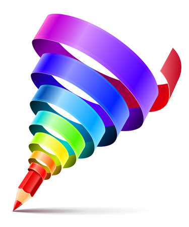 creative art pencil design concept with spiral of color rainbow ribbon isolated on white background. Transparent objects used for shadow drawingのイラスト素材