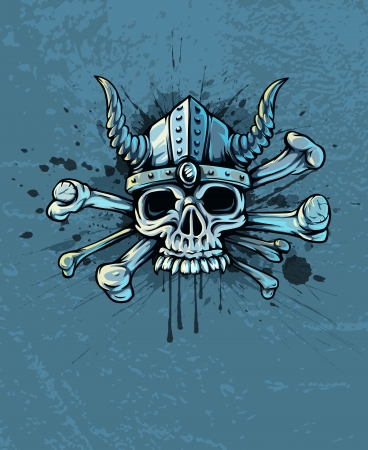 Terrible skull in helmet with horns and bones のイラスト素材