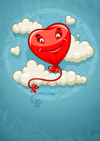 Red heart baloon flying among clouds retro card   illustration on grunge retro backgroundのイラスト素材