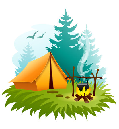 Camping in forest with tent and campfire.のイラスト素材