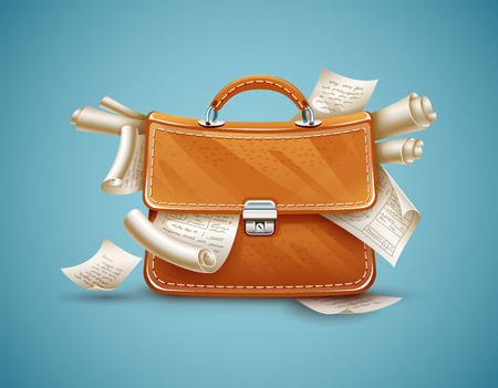 Leather briefcase of busy businessman full of papers and documents. Eps10 vector illustrationのイラスト素材