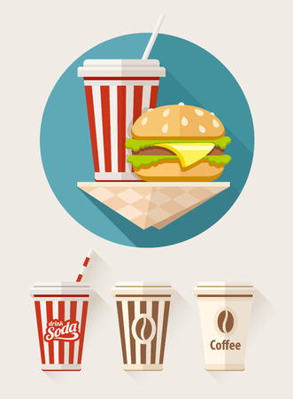 Hamburger and soda in paper cups flat icons set. のイラスト素材